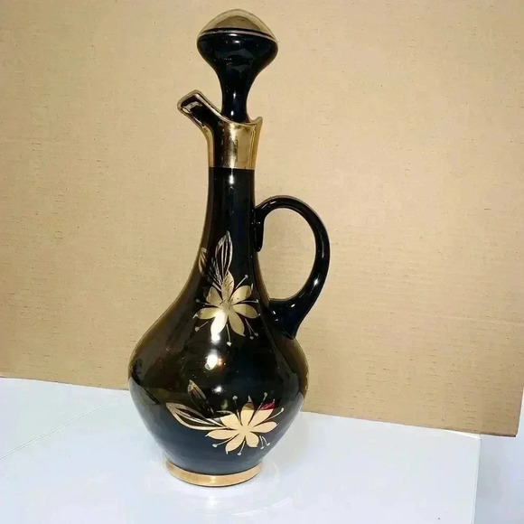 Romanian MidCent Smoked Glass 22k Gold Carafe Decanter Czech Bohemian - Picture 10 of 16